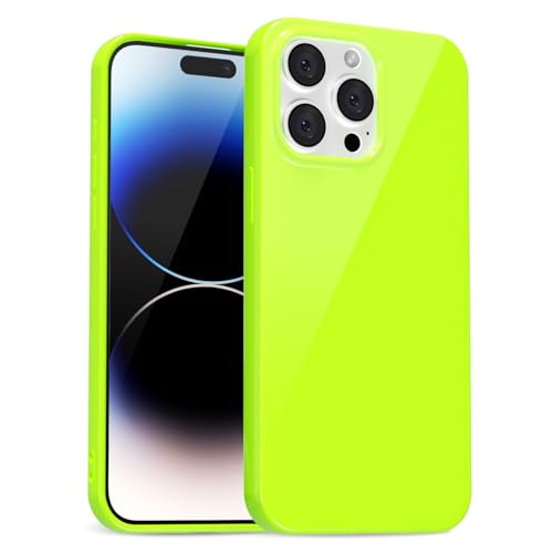 uvcoat for iPhone 14 Pro Case Silicone, Glossy Cute Jelly Soft Rubber Gel Protective Plastic Phone Case, Thin Ultra Slim Plain Solid Color Cover for Women, Neon Green Lime