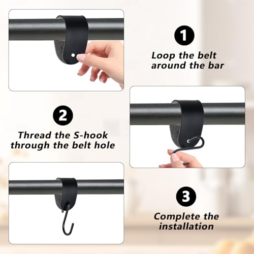 Jiujuda9 6 Set S Haken Schwarz, S Haken zum Einhängen mit Lederschlaufe, Metallhaken zum Einhängen, Keiderhaken für Stange, Garderobenhaken Kleiderstange Camping Küche Bad Fleischerhaken Kleiderhaken