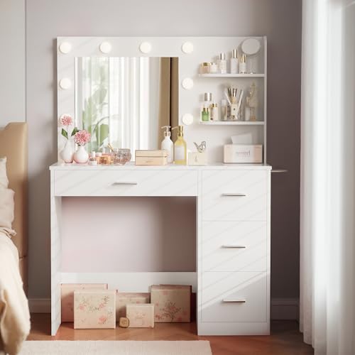Image of Furmax Vanity Desk with LED Lighted Mirror&Power Outlet, Makeup Vanity Table with 4 Drawers, 3 Open Storage Shelves, and 3 Color Modes, for Bedroom (Pure White)