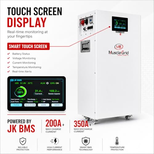 Image of MuscleGrid 51.2V 314Ah LiFePO4 Battery Pack with JK BMS | 200A Charge / 350A Discharge | Touch Screen Display | 8000 Cycles | Smart CRM Monitoring | Energy Storage System (320AH Cell Laser Weld)