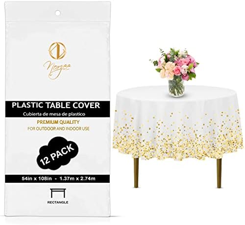 NORZEE 12-Pack White Disposable Plastic Tablecloths, 84" Plastic Table Cloth, Round Table Cover Gold CONFETY (12, White Gold)