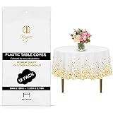 NORZEE 12-Pack White Disposable Plastic Tablecloths, 84" Plastic Table Cloth, Round Table Cover Gold