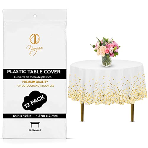 Norzee 12-Pack White Disposable Plastic Tablecloths, 84" Plastic Table Cloth, Round Table Cover Gold Confety (12, White Gold) #TOP2
