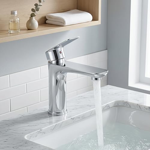 Bathroom Basin Mixer Tap Stainless Steel Sink Tap with Aerator Single Lever Bathroom Tap Water Saving Leak-Free Ceramic Valve 1 Hole with 60cm G1/2 Hoses (Silver)