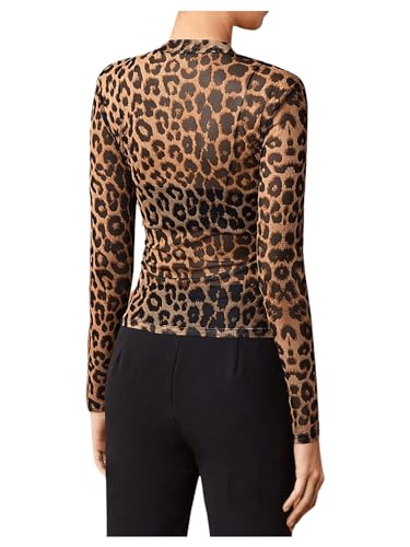 Floerns Women's Leopard Print Sheer Mesh Long Sleeve Tee Shirts Without Bra2