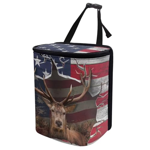 Image of Talayituse 3D Deer American Flag Print Car Trash Can with Adjustable Straps, Foldable Car Trash Bag Bin Car Garbage Bag Multipurpose Storage Box for Vehicle Travel Camping Picnicing