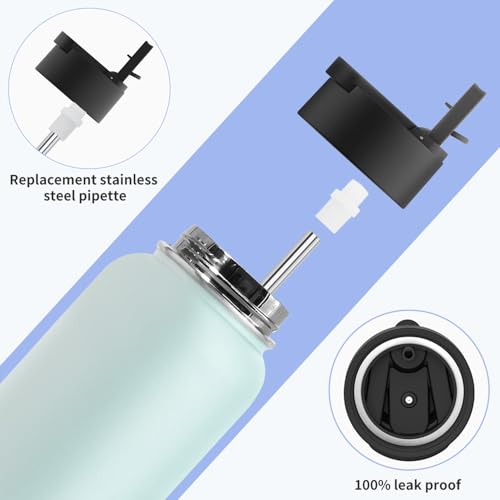 Image of koodee Insulated Water Bottle, 32 oz Stainless Steel Double Wall Vacuum Insulated Wide Mouth Sports Water Bottle with Leak Proof Straw Lid (Baby Blue)