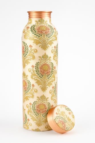 Image of Designer Copper Water Bottle 900ml with Floral Vintage Print, Leakproof Golden Cap, Ayurvedic Drinking Bottle for Healthy Water Storage, Reusable Copper Bottle for Home, Office, Gym & Travel
