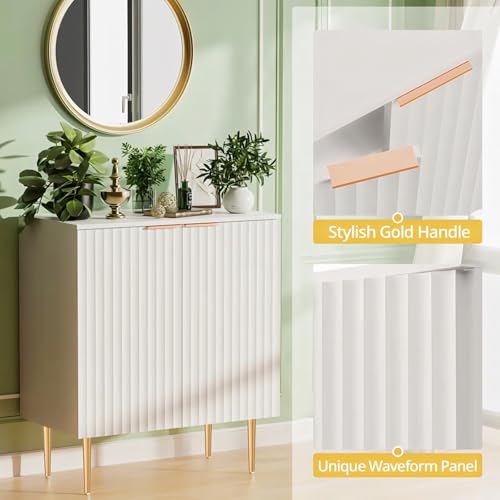 Image of Floated Panel Wooden Sideboard Cabinet | 2 Door Storage Unit with Metal Legs | Premium HDMR Wood Console Cabinet for Living Room, Kitchen & Dining | DIY Leg Assembly (White)