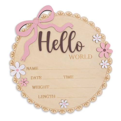 Image of TTMerriwood Hello World Wooden Baby Birth Announcement Sign, Pink Floral Newborn Name Date Time Weight Length Board, Baby Girl Nursery Decor Photo Prop Keepsake (Light Pink + Mouve)