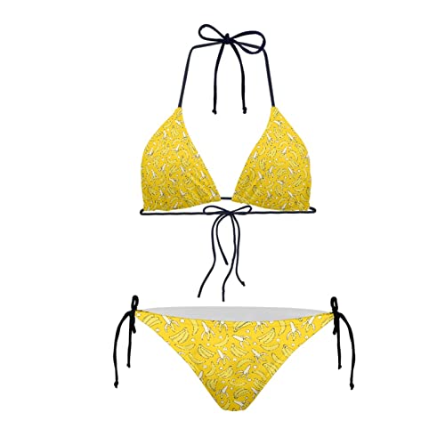 Howilath Banana Bikini Set for Women Regular Fit Swimsuit, Super Cute Banana Fruit Yellow Polka Dot, Low-Waist Swimwear-L