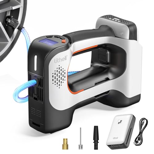 Litheli Elektrische Luftpumpe, Tragbare Akku Luftpumpe mit 10000mAh Akku Digitalanzeige und LED Akku Kompressor, für Autos Motorräder Fahrräder Bälle