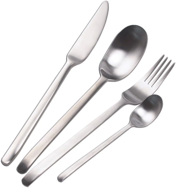 Matte Frosted Handle Kitchen Stainless Steel Silverware Tableware Flatware Cutlery Knives Forks Spoons Set Steak Knife Dessert Spoon (Silver,4 pieces)
