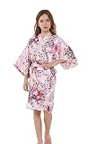 ALHAVONE Girl's Kid's Silky Satin Floral Short Kimono Robe for Wedding Birthday Party Spa (Floral-Pi