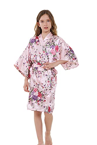 Alhavone Girl's Kid's Silky Satin Floral Short Kimono Robe For Wedding Birthday Party Spa (Floral-Pink, Tag 8) #TOP12