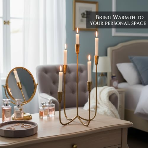 Yielycan Candelabra for 5 Taper Candles – Hand-Forged Candle Holder with Elegant Vintage Finish – Decorative Centerpiece for Dining Room, Living Room or Mantel Decor（Brass Color-Straight） by Yielycan - Image 3