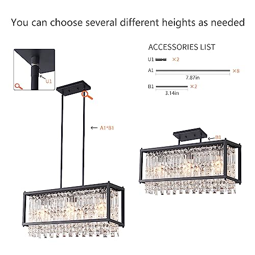 Image of LMQNINE Modern Rectangle Chandelier for Dining Room, Black Crystal Chandelier Linear Light Fixture, Farmhouse Chandeliers for Kitchen Island, Bar Table, L25.98'' x W9.84'' x H8.66''