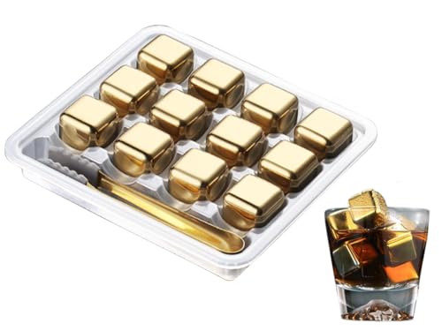 Anlising 12PCS Whisky Steine Edelstahl Set, Eiswürfel Edelstahl mit Clip, Eiswürfel Aus Edelstahl, Edelstahl-Kühlsteine, Whisky Eiswürfel Wiederverwendbar, für Wein,Wodka,Likör,Getränkesaft (Golden)