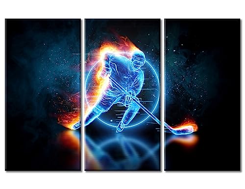 Abstract Holographic Projection Hockey Canvas Wall Art Hockey Stick on Ice Photo Wall Art for Living Room Pictures for Bedroom Modern Home Decor Office Bathroom Decor Framed Ready to Hang, 60