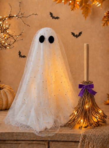 Halloween Decorations Ghost and Witch Broom Set - Full Fluffy Lighted Ghost Shape, DIY Adjustable Decor, Cute Fall Halloween Indoor Decor for Mantel, Fireplace, Entryway