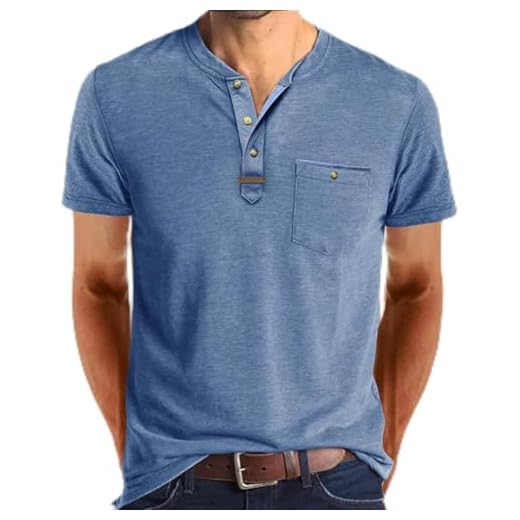 Camiseta masculina fashion Henley manga curta casual botão algodão com bolso, Azul claro, M
