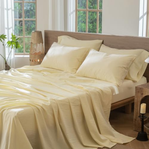 Image of MooMee Sheet Set 100% Washed Cotton Linen-Like Extra Deep Pocket King | Relaxed Linen-like Texture. Soft, Breathable & Lightweight Comfort. 15-19 inch Extra Deep Pocket with All-around Elastic