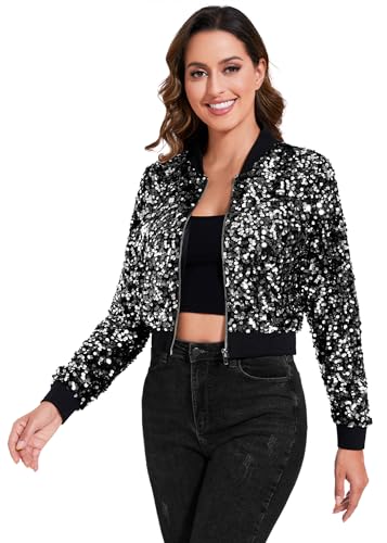 Anna-Kaci Women's Sparkly Sequin Cropped Jacket Long Sleeve Zipper Up Party Club Bomber Jacket3