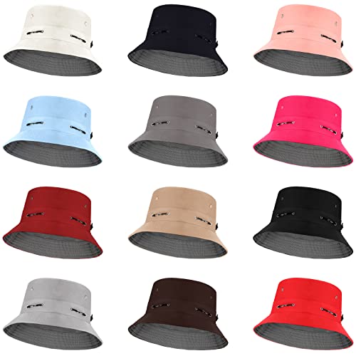 Image of Didaey 12 Pcs Bucket Hat Summer Adjustable UV Protection Hat Bulk Wide Brim with Strings for Beach Camping Hiking