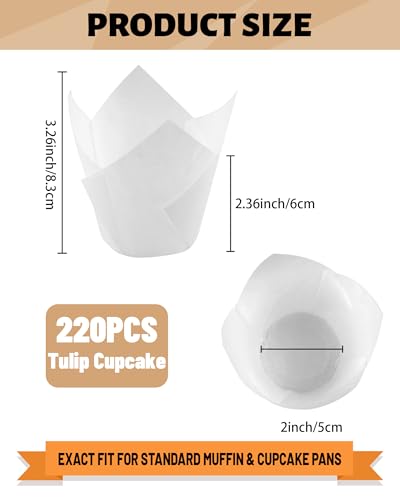 220pcs Tulip Cupcake Liners for Baking Cups,Greaseproof Cupcake Wrappers in Standard Size,Parchment paper Tulip Muffin Liners,White