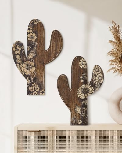 Image of Putuo Decor 2 Pieces Aztec Cactus Decor, Farmhouse Wall Decor, Rustic Flower Patterns Wood Home Decor for Living Room, Bedroom, Bathroom, Western Decor