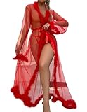 PARUPRUP Women Sexy Feather Lace Robe Long Sheer Gown Mesh Lingerie Kimono Tulle Bridal Bathrobe Nightgown Swimsuit Cover Up (Red)