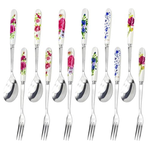 OYWOBET 12 Pack Dessert Forks and Spoons Stainless Steel Set, Porcelain Handle Coffee Spoon Mini Pastry Forks, Durable Cake Fork Tea Spoons for Dessert/Appetizers/Salad/Fruit