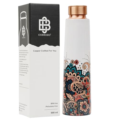 Image of 100% Pure Copper Floral Print Designer Water Bottle with Ayurvedic Benefits Rustproof & Leakproof Copper Bottle for Home School Gym Travel Bottle Drinkware & Storage Purpose 900 ml