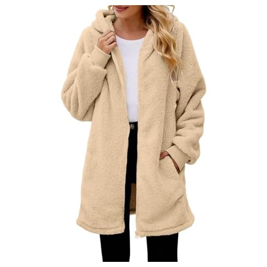 Generisch Damen Teddy Fleece Mantel, Casual Oversize Wintermantel mit Kapuze und Reißverschluss, Lange Plüschjacke mit Taschen, Leicht Wintermantel Einfarbig, Beige XL