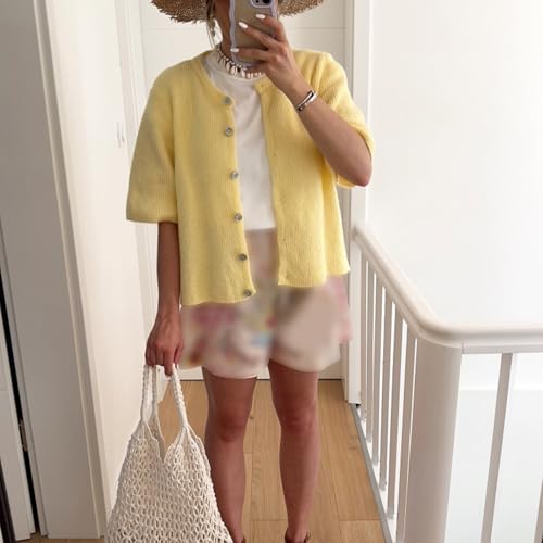 Image of Women Knitted Crop Cardigan Shirt Short Sleeve Button Down Ribbed Knit Crop Top Y2k Girls Outwear Top Tee Shirt