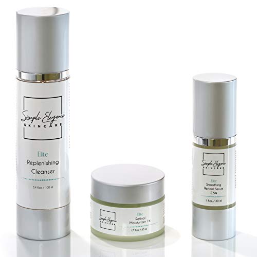 Simple Elegance Skin Care Retinol Anti-Aging Set | Replenishing Cleanser | Retinol Serum 2.5% | Retinol Moisturizer 1% - Face Cream | Smooth Uneven Skin | Minimize Pore Size | Reduces Fine Lines and Wrinkles