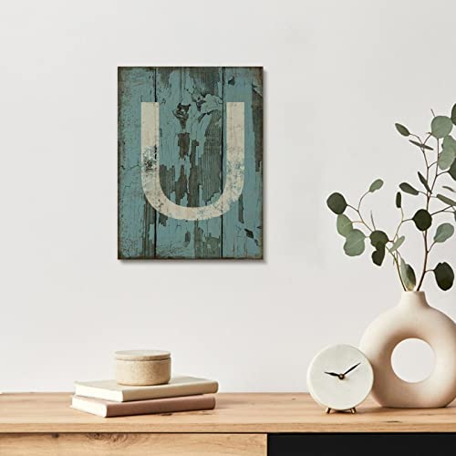 Lienzo de pared con letra U estilo monograma azul de grano de madera 5