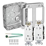 Outlet Box Kit, 4x4 Inch Square Galvanized Steel Electrical Box, 20 Amp 125V Tamper & Weather Resistant, 21.0 Cu in Capacity, 10 Knockouts, Duplex Receptacle Exposed Cover, Matching Screws Included