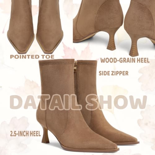 Image of Womens Brown Suede Fall Boots with Side Zip, Ankle, Mid Calf, Pointed Toe, Kitten Heel, Dressy, Short Boots