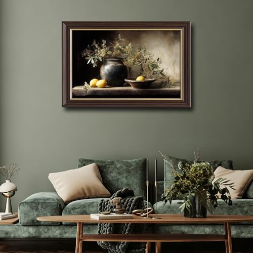 Image of Framed Vintage Lemon Still Life Canvas Wall Art, Rustic Pottery Vase with Olive Branches Canvas Prints Pictures, Farmhouse Kitchen Wall Decor for Living Room Bedroom Dining Room