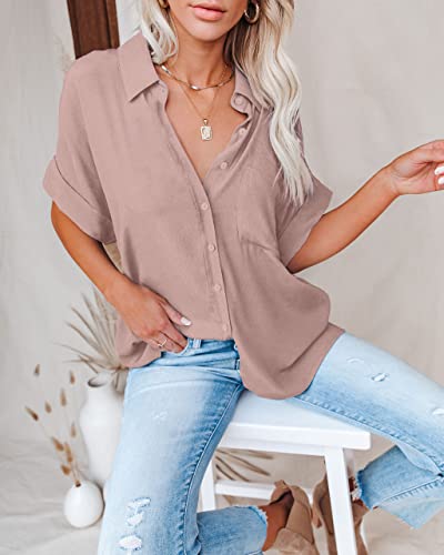 Pausus Women's Chiffon Blouse Solid Color Short Sleeve Loose Fit Button Down Collared Elegant Shirts Tops (Pink,L) #TOP1