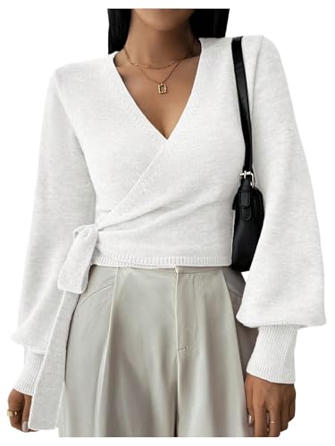 SOLY HUX Women's Long Sleeve V Neck Wrap Belted Sweater