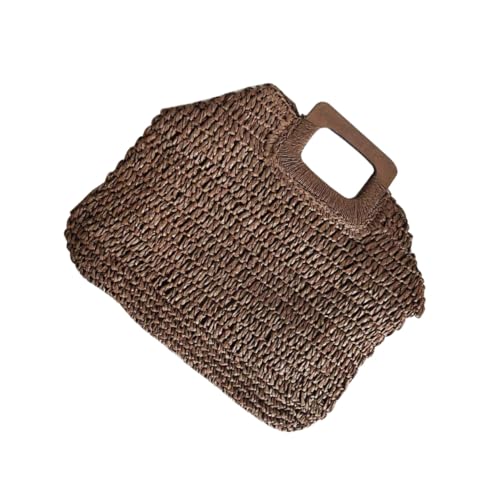 Sac de plage en paille tissée marron avec anse bois moyenne taille