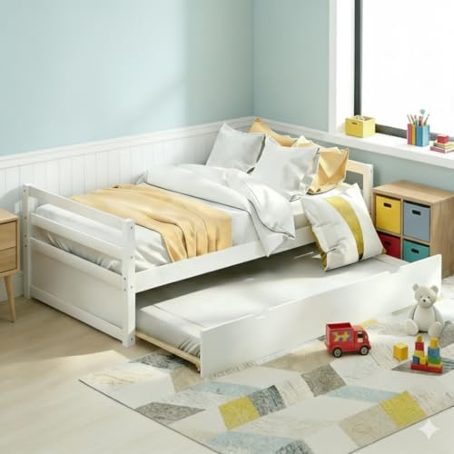 Merax Twin Size Daybed with Trundle, Solid Wood Captains Bed Sofa Bed Frame, White