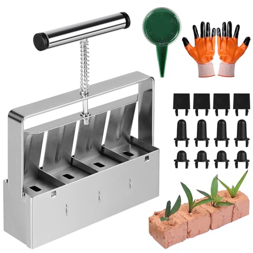 efuturetime Bloqueador de Suelo Manual, para 4 Bloques de Suelo 4.5x5cm, Empacador de Semillas con Sembradora y Guantes, Tapón Bola de Acero, para Plantar Trasplantar