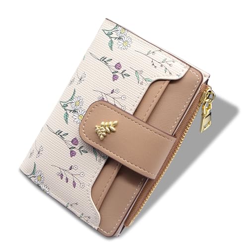 LJCZKA Small Wallets for Women Bifold Leather Zipper Pocket Wallet Credit Card Holder Floral Purse Girls Ladies with ID Window (Khaki)