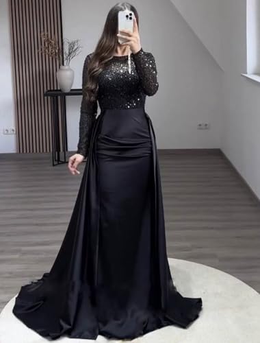Long Sleeve Satin Prom Dresses for Women 2025 Mermaid Sequin Mock Neck Formal Evening Party Gown with Slit4