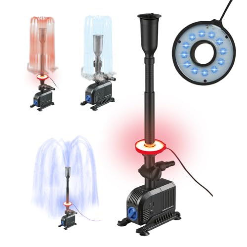 MAUK LED Teichpumpen Set, Springbrunnen mit 2 Fontänen, 7-Farben LED-Ring, Wasserspiel für Gartenteich