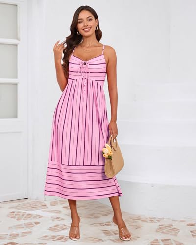 Image of Fashionme Womens Summer Maxi Dresses 2026 Trendy Striped Vacation Boho Beach Spaghetti Strap Sundress Back Tie with Pockets
