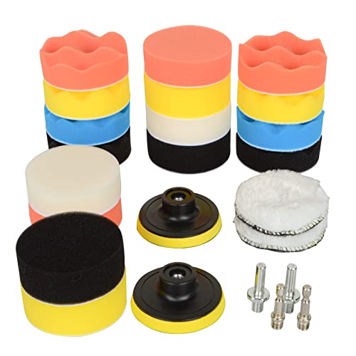 JoaSinc Esponja Pulir Coche, 24PCS Kit de Esponjas para Pulir Coche con M10 Adaptador de Taladro, Almohadilla de Pulido, Pulido de Lana, para Pulidora Coche Kit Pulir Faros Cover